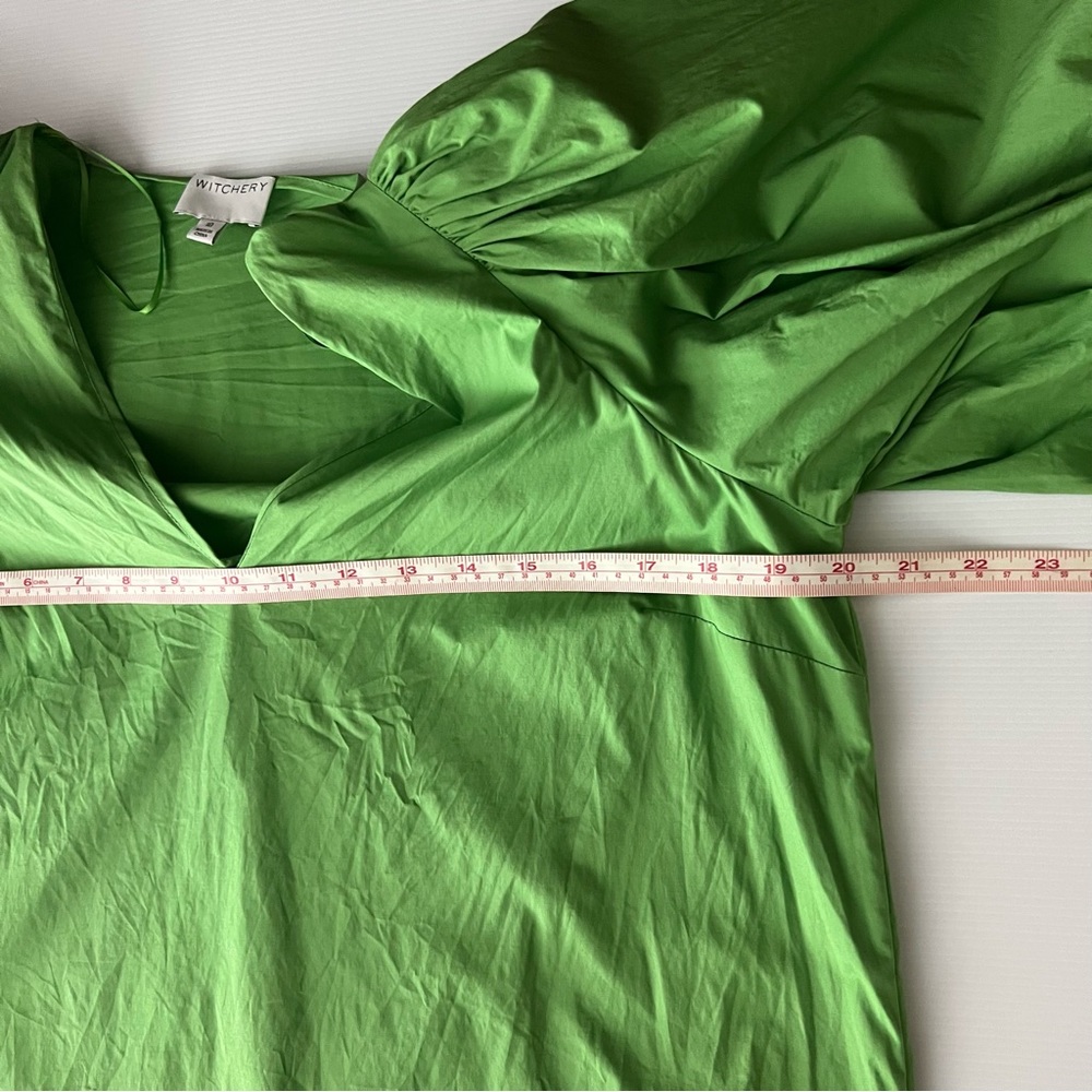 Witchery Puff Sleeve Top Blouse Apple Green V-Neck Cotton Office Cocktail Sz 10 - Picture 6 of 7